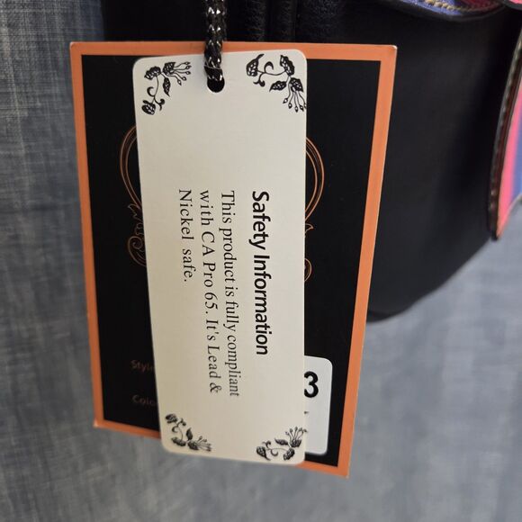 DIOPHY Round Crossbody Bag Black w/ Rainbow Stripe Bow Vegan Leather 9" - Picture 10 of 11